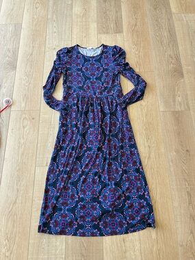 Boden Long Sleeve Floral Maxi Dress in Navy and Purple Pockets stretchy Size 10L